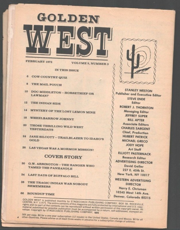 Golden West 2/1973-Stagecoach-Last Days of Buffalo Bill-Indian War-western pu...