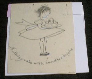 BIRTHDAY CAKE WITH CANDLES BRIGHT Cute Girl 4x4.5 Greeting Card Art #B554