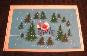 CHRISTMAS Santa Claus on Bicycle Thru Woods 6.5x4.5 Greeting Card Art #D19