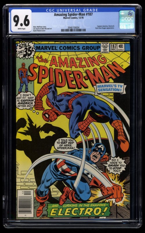 Amazing Spider-Man #187 CGC NM+ 9.6 White Pages Captain America!