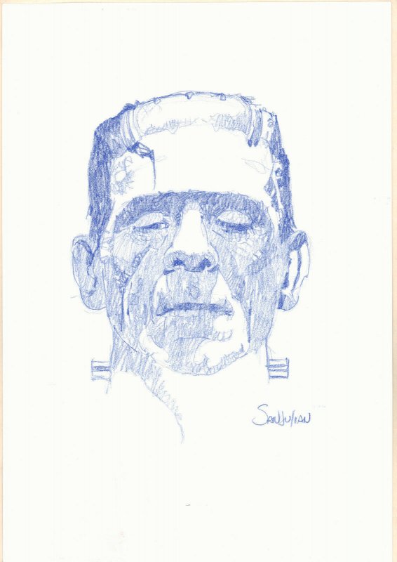 Frankenstein Blue Pencil Portrait Sketch - Signed art by Sanjulian