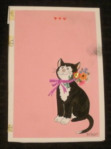 VALENTINE Black Cat w/ Flower Purple Collar 4.5x6.5 Greeting Card Art #V3545