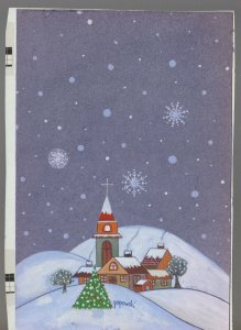 CHRISTMAS Church & Village with Snowflakes 5.5x8 Greeting Card Art #5302