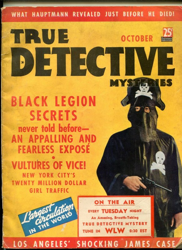 True Detective Magazine October 1936- Black Legions- Hooded Menace cover