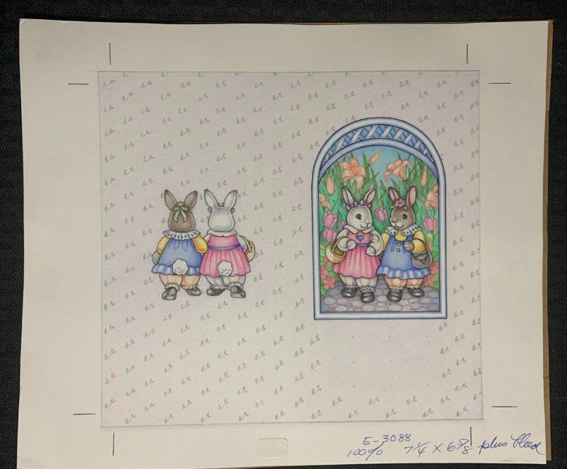 LOVING FRIENDS 2-Panel Cute Bunny Rabbits 10.5x9 Greeting Card Art #3088