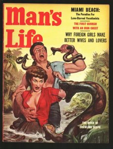 Man's Life 7/1958-River of Crawling Death snake attack cover-cheesecake pix-g...