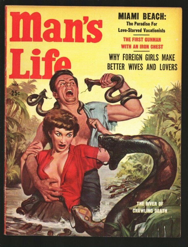 Man's Life 7/1958-River of Crawling Death snake attack cover-cheesecake pix-g...