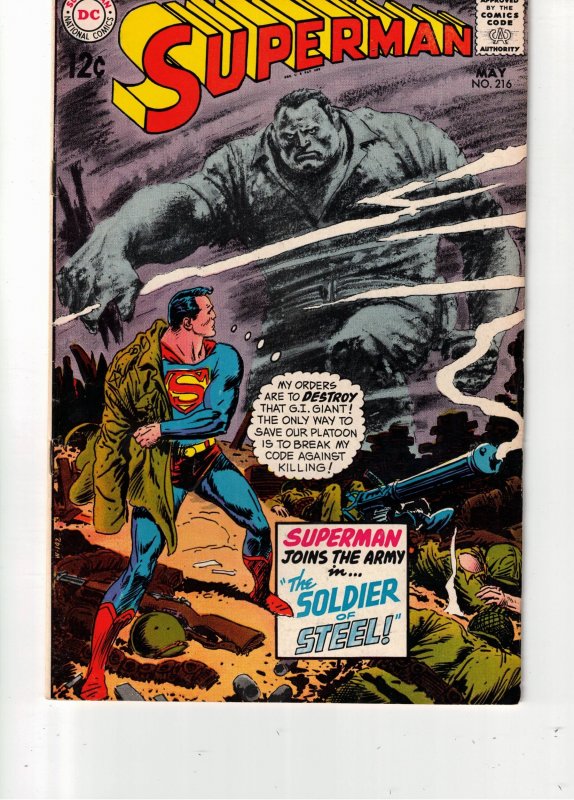 Superman #216 (1969) VF Soldier Supes! Vietnam story! Oregon CERTIFICATE! Wow