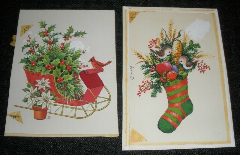 CHRISTMAS Still Life Stocking Sled Birds 2pcs 4x5.5 Greeting Card Art #C19 231