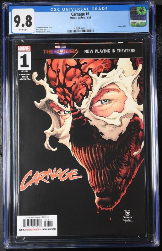Carnage #1 CGC 9.8 Paulo Siqueira Cover A Marvel Comics 2023 White Pages Graded
