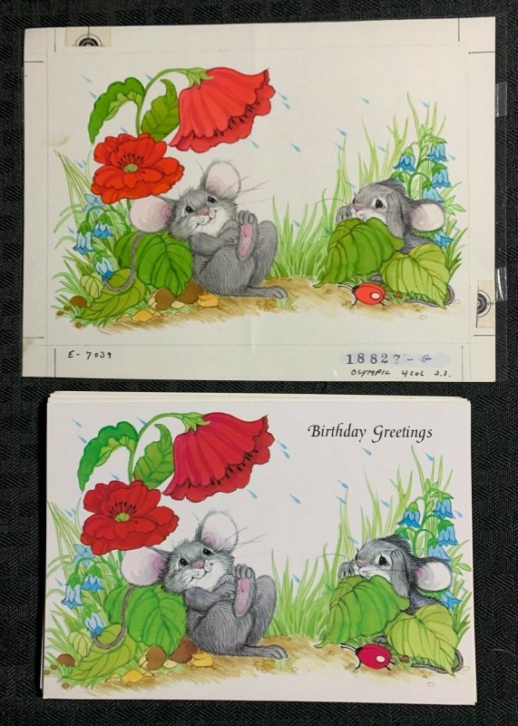 BIRTHDAY Cute Mice Flowers & Ladybug 7.5x6 Greeting Card Art #7039 w/ 13 Cards