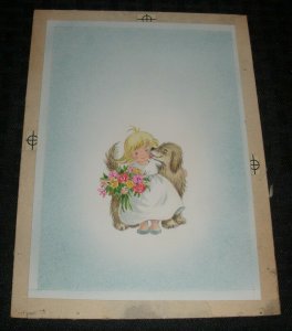 BIRTHDAY Cute Girl w/ Dog Licking Face &Flowers 6x8 Greeting Card Art #1102