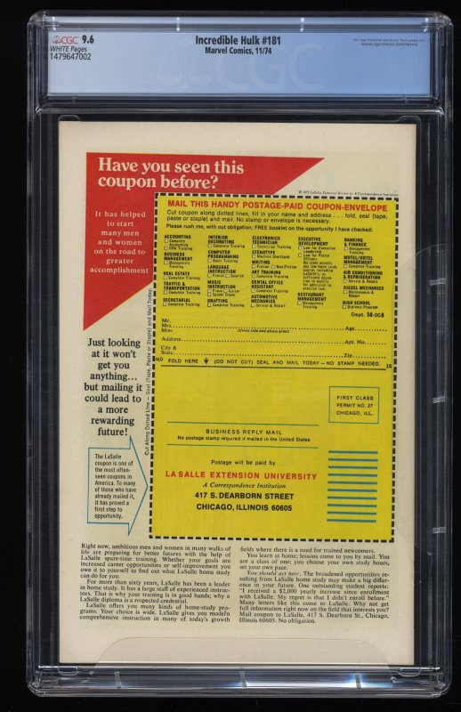 Incredible Hulk #181 CGC NM+ 9.6 White Pages 1st Appearance Wolverine!