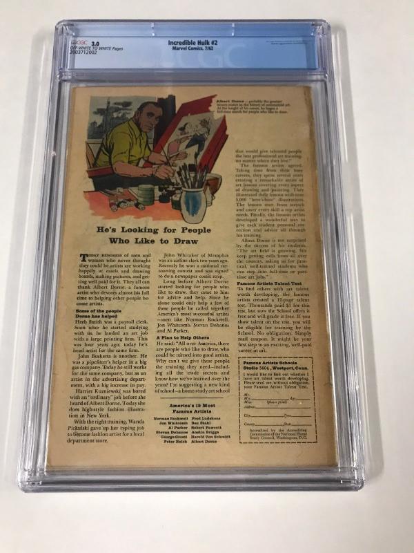 Incredible Hulk 2 Cgc 3.0 Ow/w Pages 1st Green Hulk Marvel Silver Age