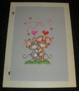 VALENTINES Cute Painted Mice w/ Hearts 6.5x9.5 Greeting Card Art #3533