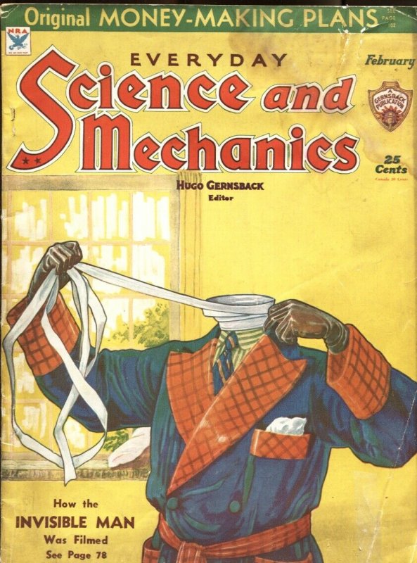 SCIENCE AND MECHANICS-1934 FEB--INVISIBLE MAN COVER & FILM STORY--GERNSBACK