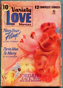 Variety Love Stories Pulp June 1941- Linda Fitzgerald- Dale Henderson VG