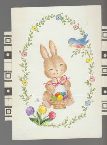 HELLO Cute Rabbit Tulips Egg Basket & Bluebird 5x7 Greeting Card Art #E2420