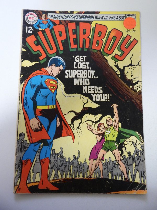 Superboy #157 (1969) VG- condition sticker on fc, moisture stain bc