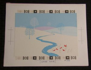 CHRISTMAS Blue Stream Thru Snowfield w/ Birds 9.5x7.5 Greeting Card Art #856