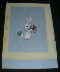 HAPPY EASTER Cute Bunny w/ Roses & Butterfly 5.5x8 Greeting Card Art #2241