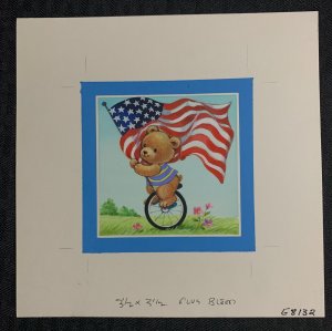 4TH OF JULY Cute Bear Riding Unicycle & Flag 6.5x6.5 Greeting Card Art #8132