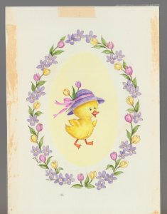 IT'S EASTER Cute Chick in Hat & Floral Border 4.5x6.5 Greeting Card Art #E2225