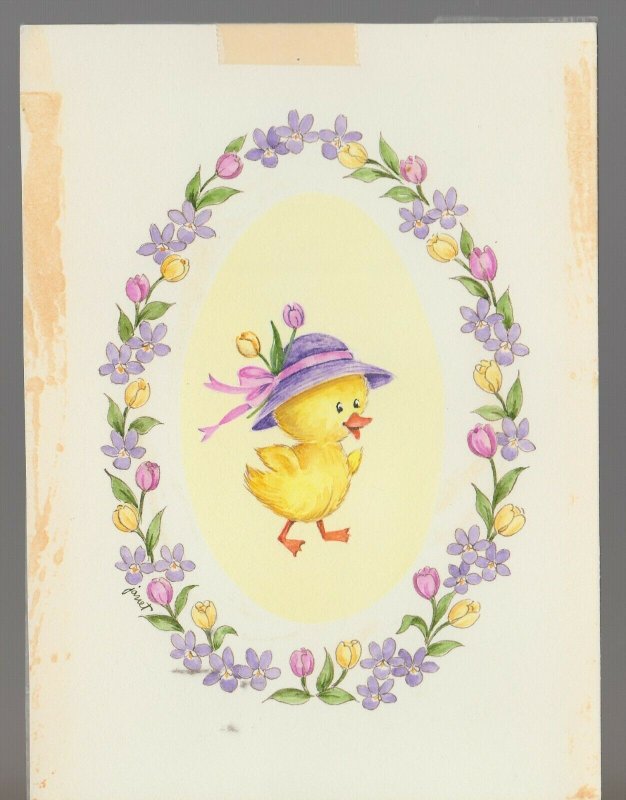 IT'S EASTER Cute Chick in Hat & Floral Border 4.5x6.5 Greeting Card Art #E2225