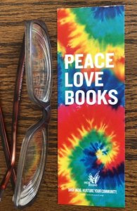 Peace love books, tie-dyed bookmark next page bookstore, Frisco, CO