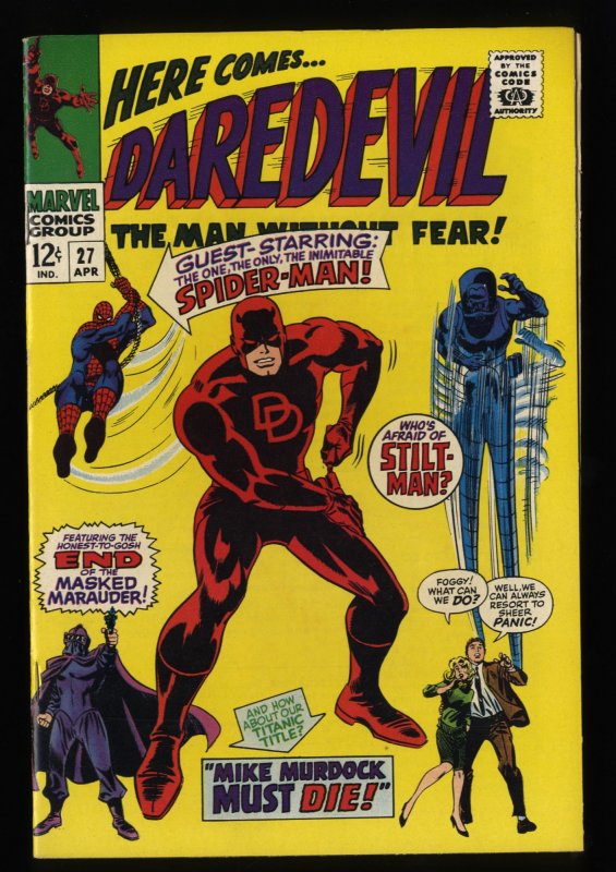 Daredevil #27 VF+ 8.5 White Pages Spider-Man!