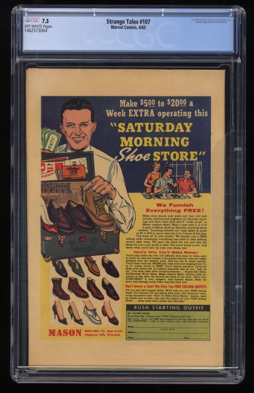Strange Tales #107 CGC VF- 7.5 Off White Human Torch Vs. The Sub-Mariner!
