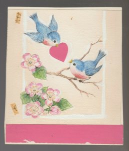 VALENTINES Bluebirds w/ Heart & Pink Flowers 5x6 Greeting Card Art #V3466