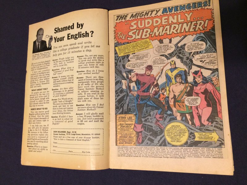 Avengers #40 FN/VF Marvel (1967) Suddenly Sub-Mariner