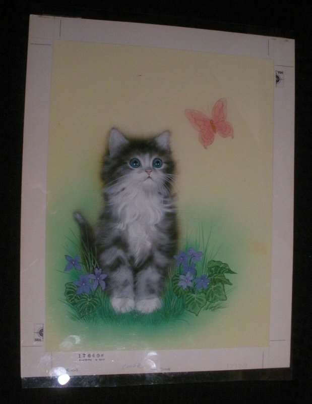 LARGE KITTEN & Butterfly 2pcs 11.5x14.5 Greeting Card Art #C5004 w/ Rough