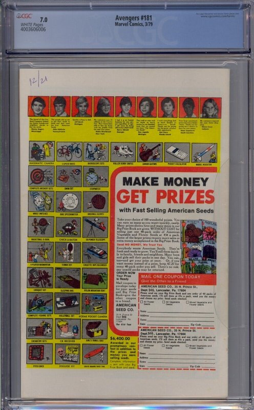 AVENGERS #181 CGC 7.0 1ST SCOTT LANG WHITE PAGES