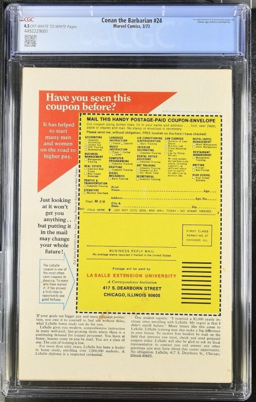 Conan The Barbarian 24 Cgc 4.5 Marvel 1973 Res Sonja 1st Cover