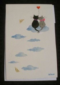 VALENTINE Cute Cat Couple on Cloud w/ Heart 4.25x6.5 Greeting Card Art #V3595