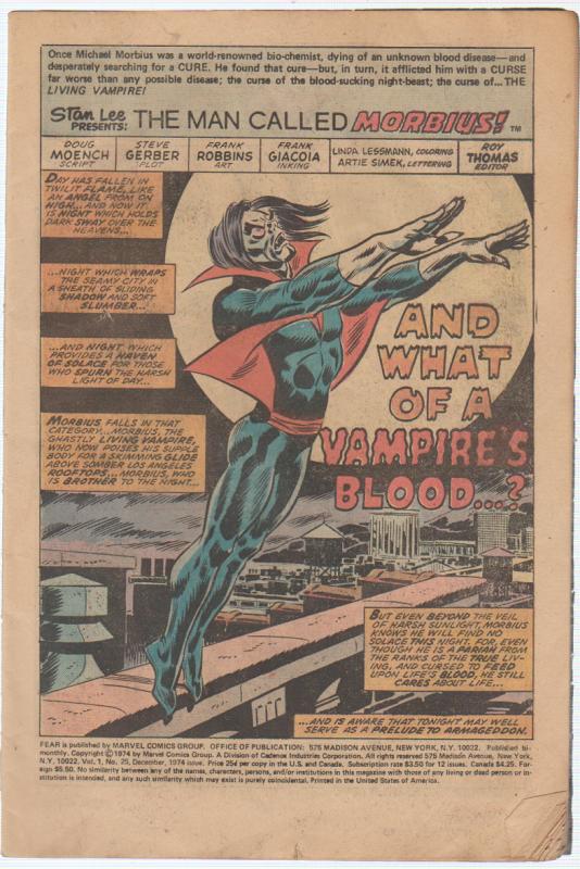 ADVENTURE INTO FEAR WITH THE MAN CALLED MORBIUS THE LIVING VAMPIRE #25 MARVEL