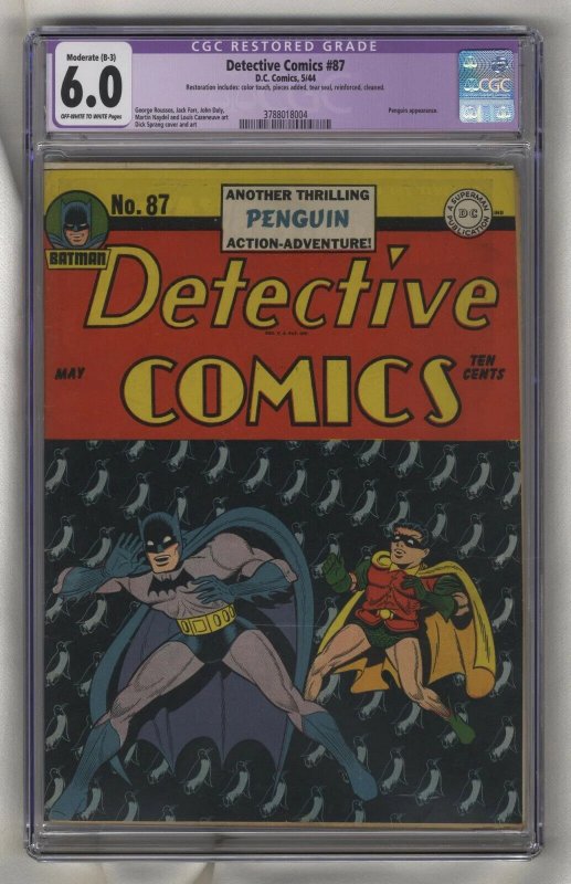 Detective Comics #87 (1944) CGC 6.0 - Moderate Restoration - Penguin Appearance