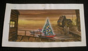 MERRY CHRISTMAS Painted Dock w Decorated Tree 16x8.5 Greeting Card Art #25-23