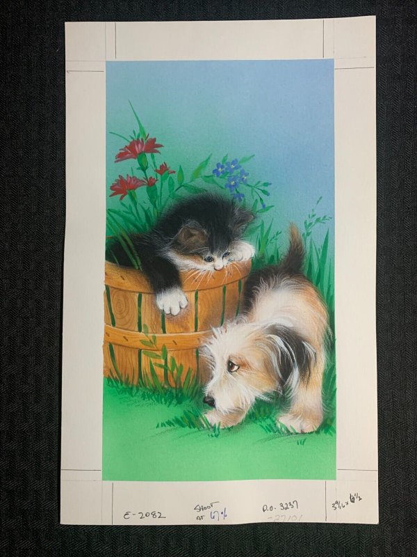 FRIENDSHIP BEGINS WITH A SMILE Cute Kitten & Puppy 8x12 Greeting Card Art #2082