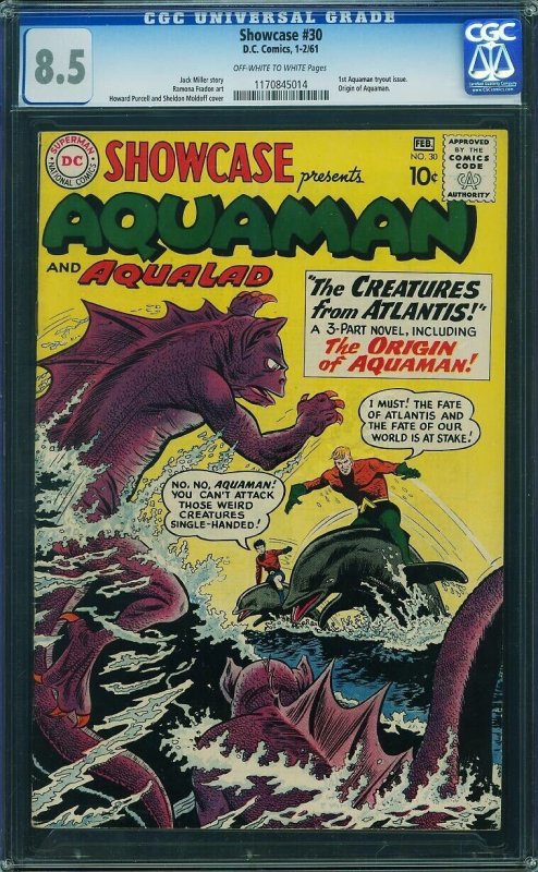 Showcase 30 CGC 8.5 Aquaman Tryout Issue  ow/w pages!