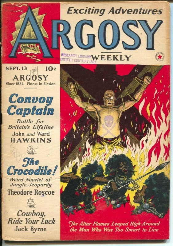 Argosy 9/13/1941-Red Star-torture cover-Theodore Roscoe-pulp stories-Sale-G-