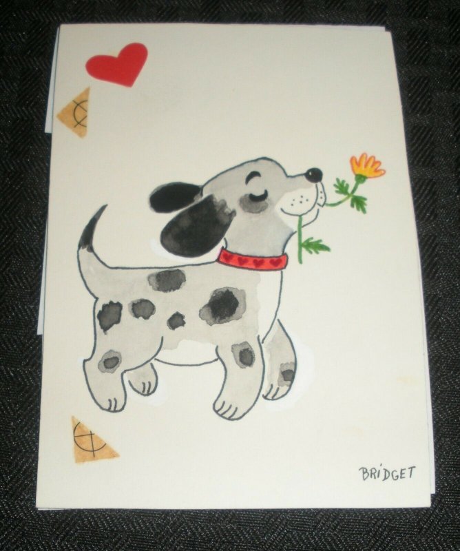 VALENTINE Cute Spotted Dog w/ Heart & Flower 3.5x5 Greeting Card Art #3208