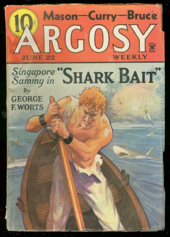 ARGOSY JUNE 22 1935-GREAT SHARK COVER-PULP-GEORGE BRUCE VG