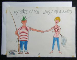 MY PRIZE CATCH Cute Cartoon Couple Fishing 15x11 Greeting Card Art #B0857