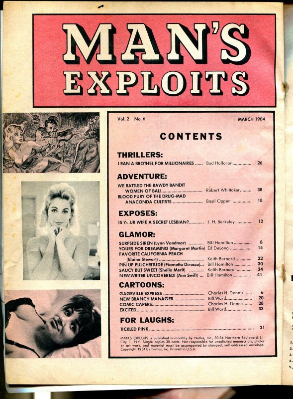 Man's Exploits 3/1964-Natlus-cheesecake-torture-terror-Anaconda Cultists-VG