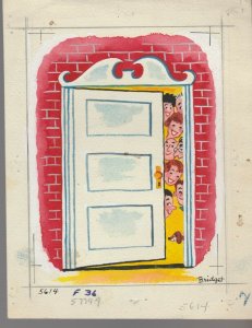 OPEN HOUSE Cartoon people Peeking Out Front Door 6x8 Greeting Card Art #5614