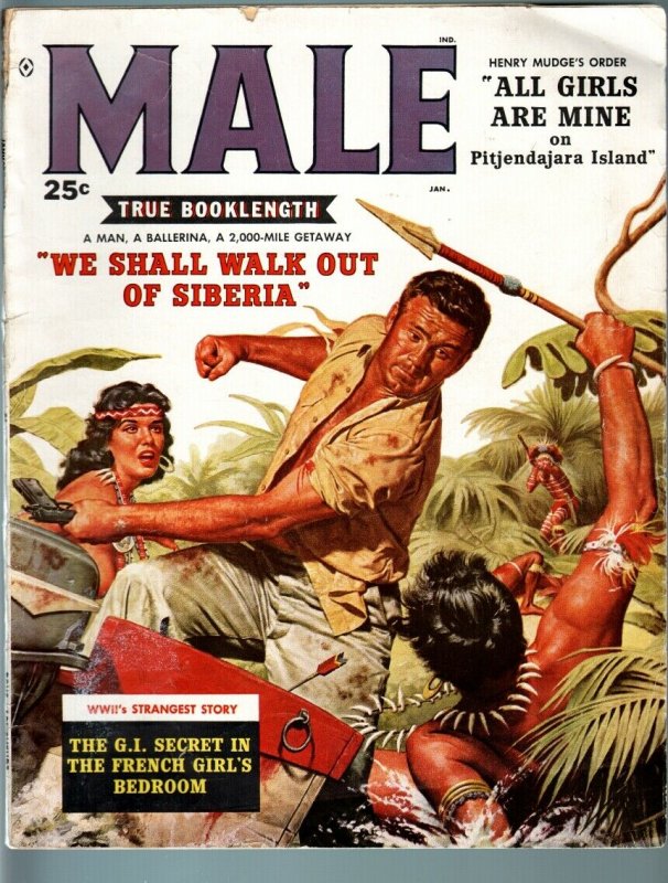 MALE-JAN 1959-NATIVE GIRL FIGHT COVER-BORAK-BAMA-KUNSTLER-PULP THRILL-WWII- VG