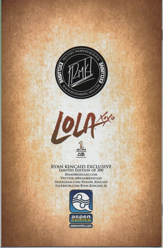Lola #1 Ryan Kincaid Limited to ONLY 200 Exclusive Virgin Connecting Cover NM